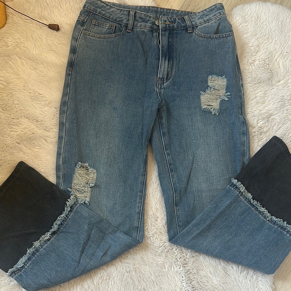 NWOT Cider Blue and Black Straight Leg Jeans with Distressed Details, never worn